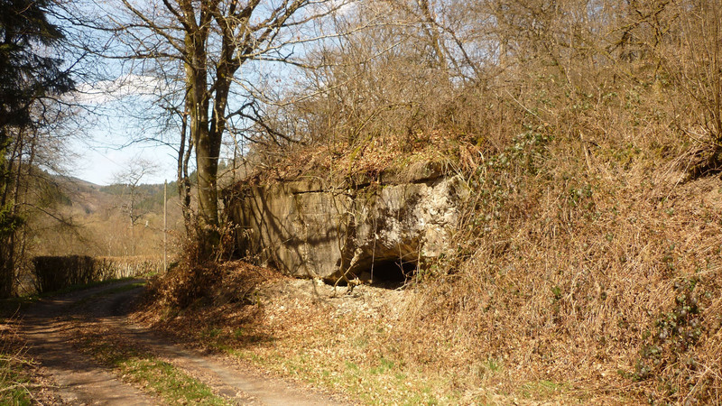 Höhlenartige Öffnung in eine Anlage des ehemaligen Westwalls. Die Seitenwand des Bunkers bildet die aufgehende Wegböschung.
